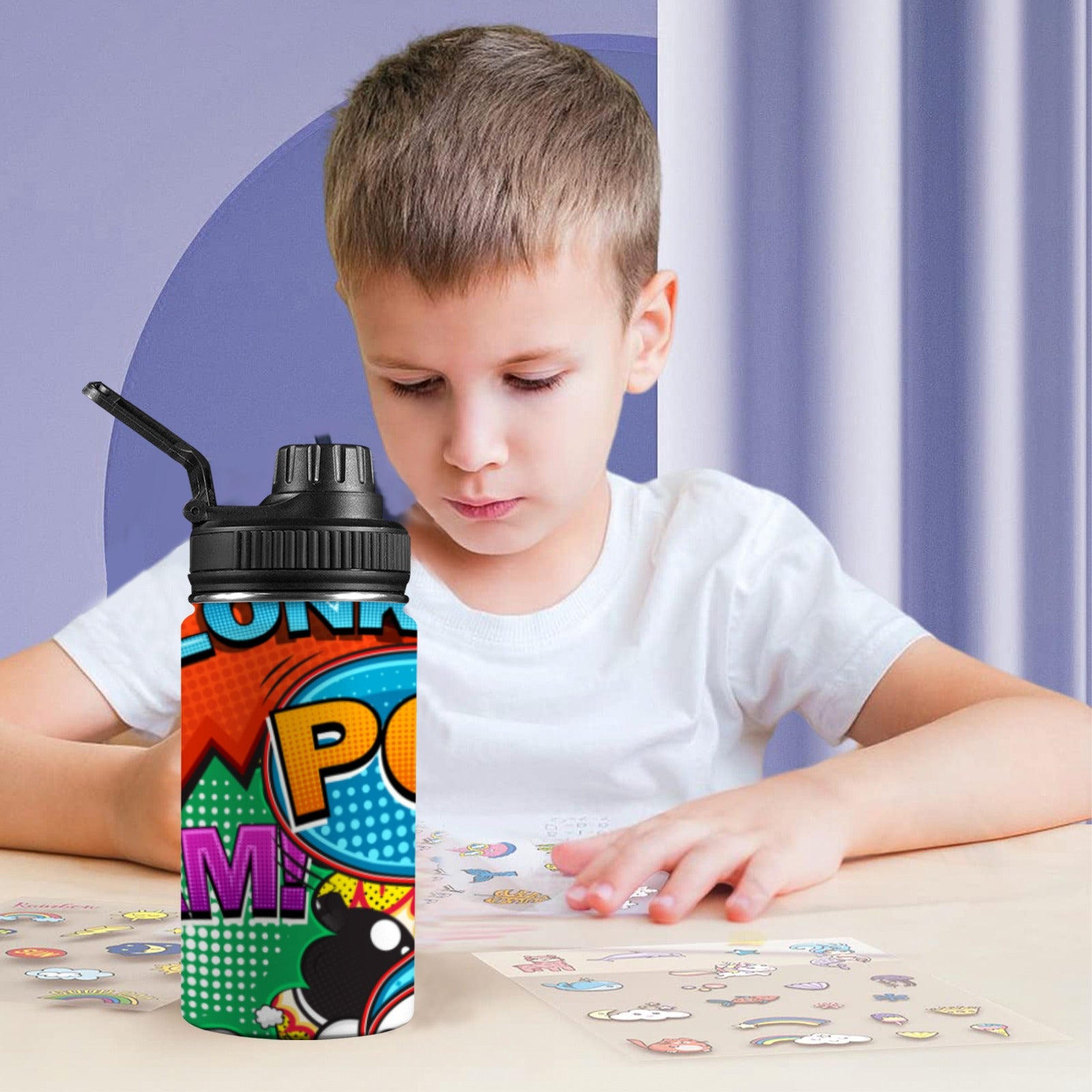 Comic Book 2 Kids Water Bottle with Chug Lid (12 oz) Kids Water Bottle with Chug Lid comic Printed Offshore