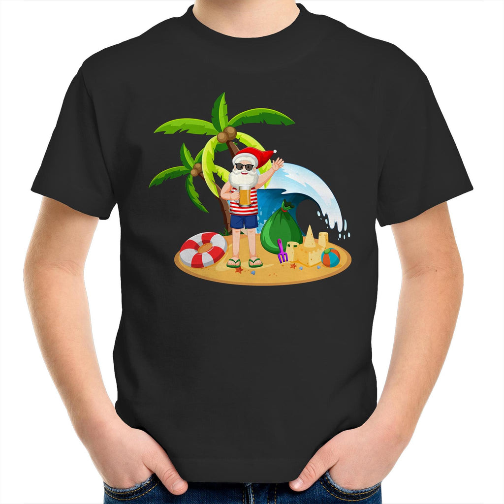 Summer Surf Santa - Kids Youth T-Shirt Black Kids Christmas T-shirt Christmas Printed In Australia