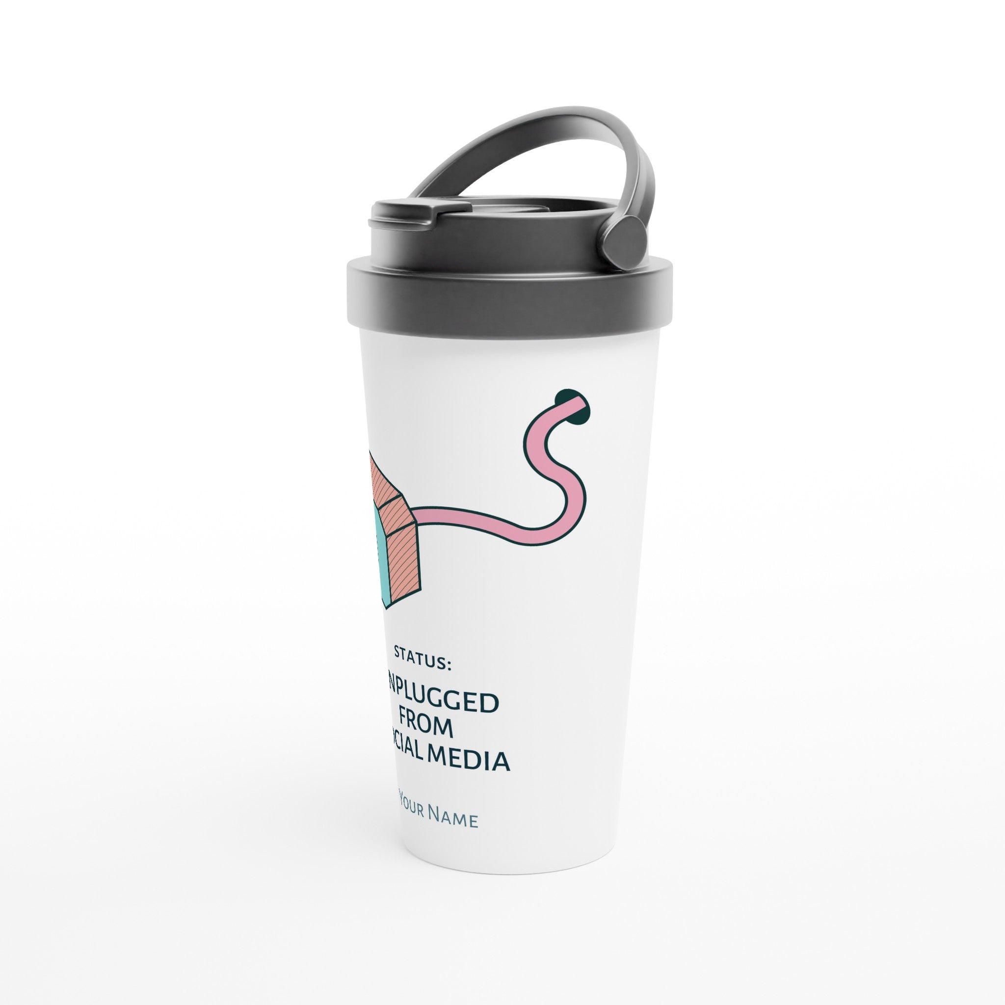 Personalised - Status : Unplugged From Social Media - White 15oz Stainless Steel Travel Mug Personalised Travel Mug Globally Fulfilled