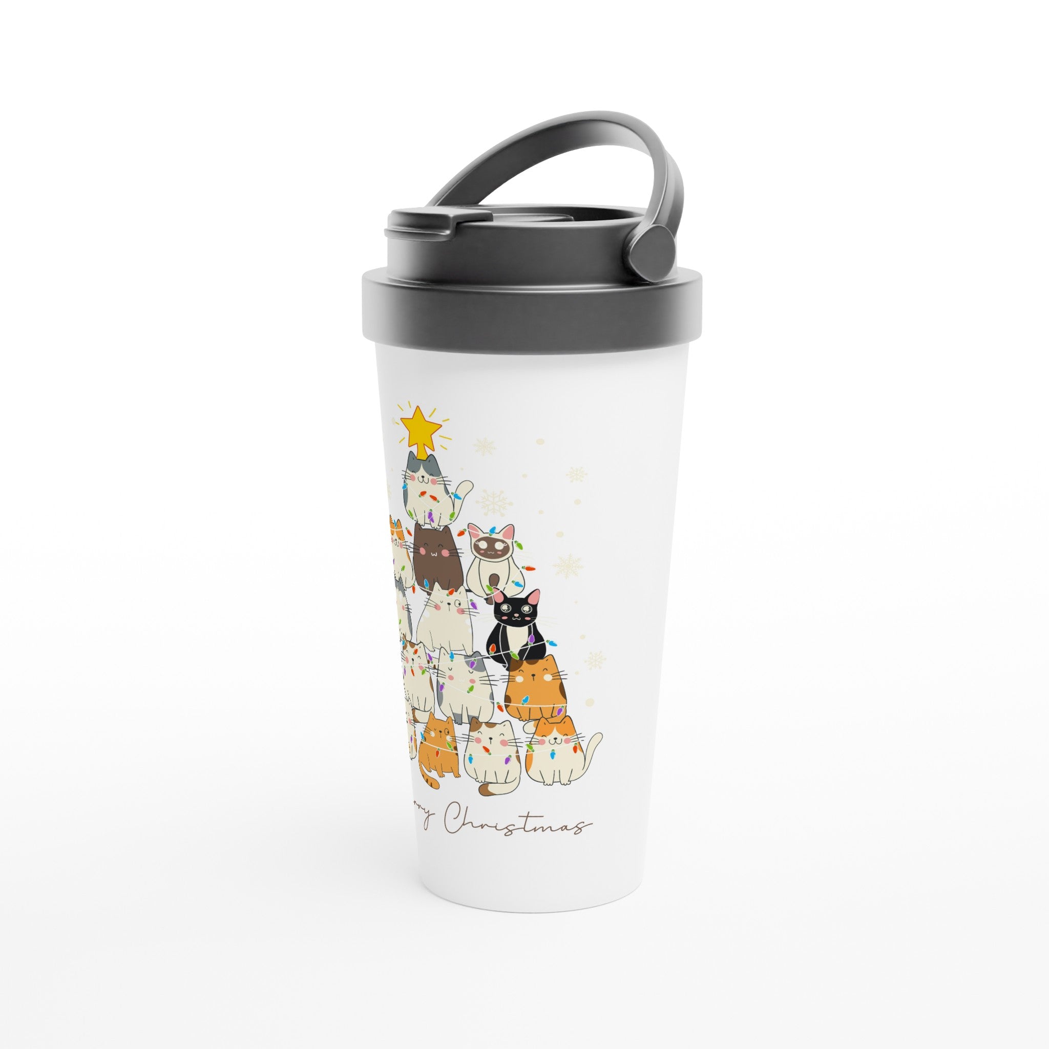 Cats Merry Christmas - White 15oz Stainless Steel Travel Mug Christmas Travel Mug Christmas Globally Fulfilled
