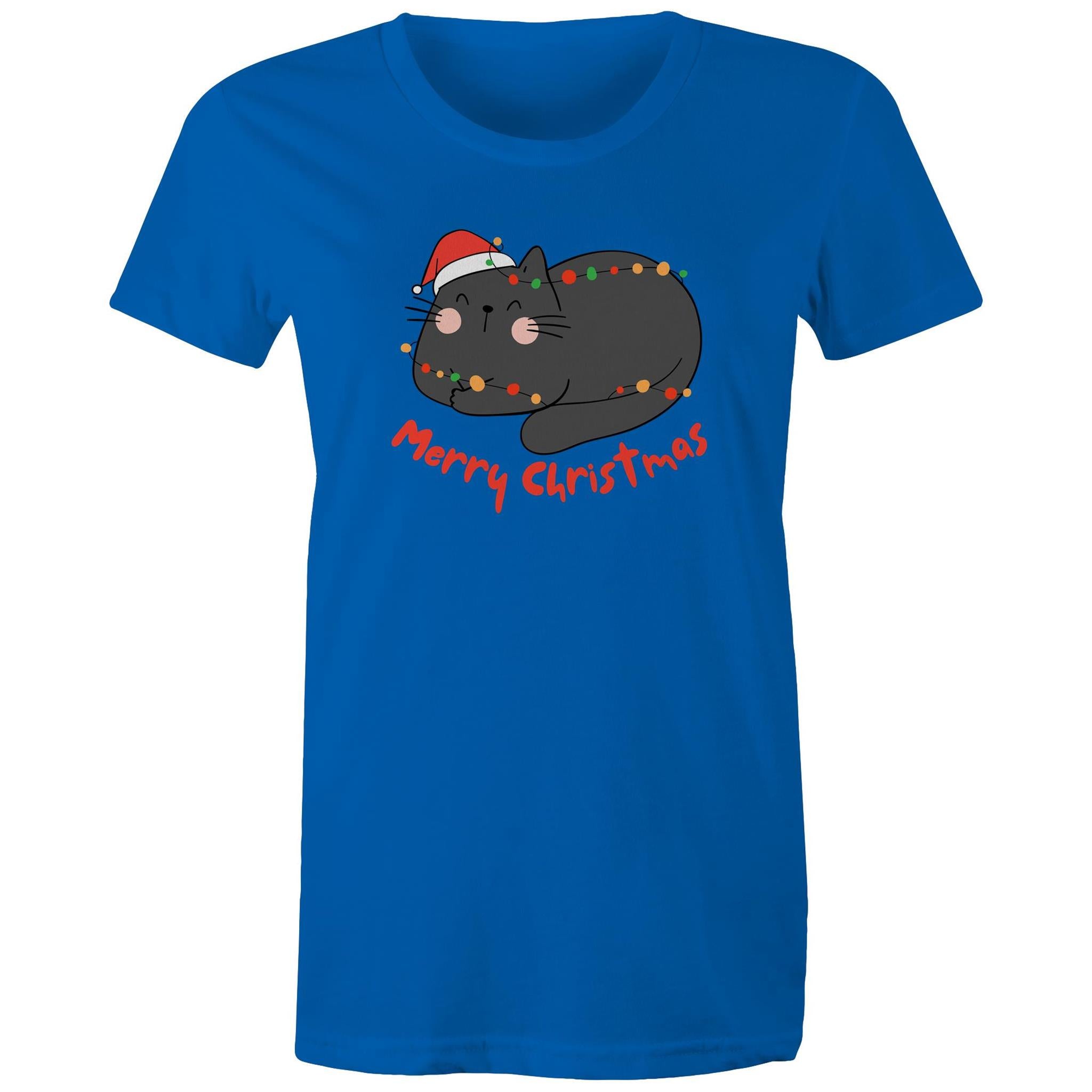 Merry Christmas Cat - Womens T-shirt Bright Royal Womens Christmas T-shirt Christmas Printed In Australia