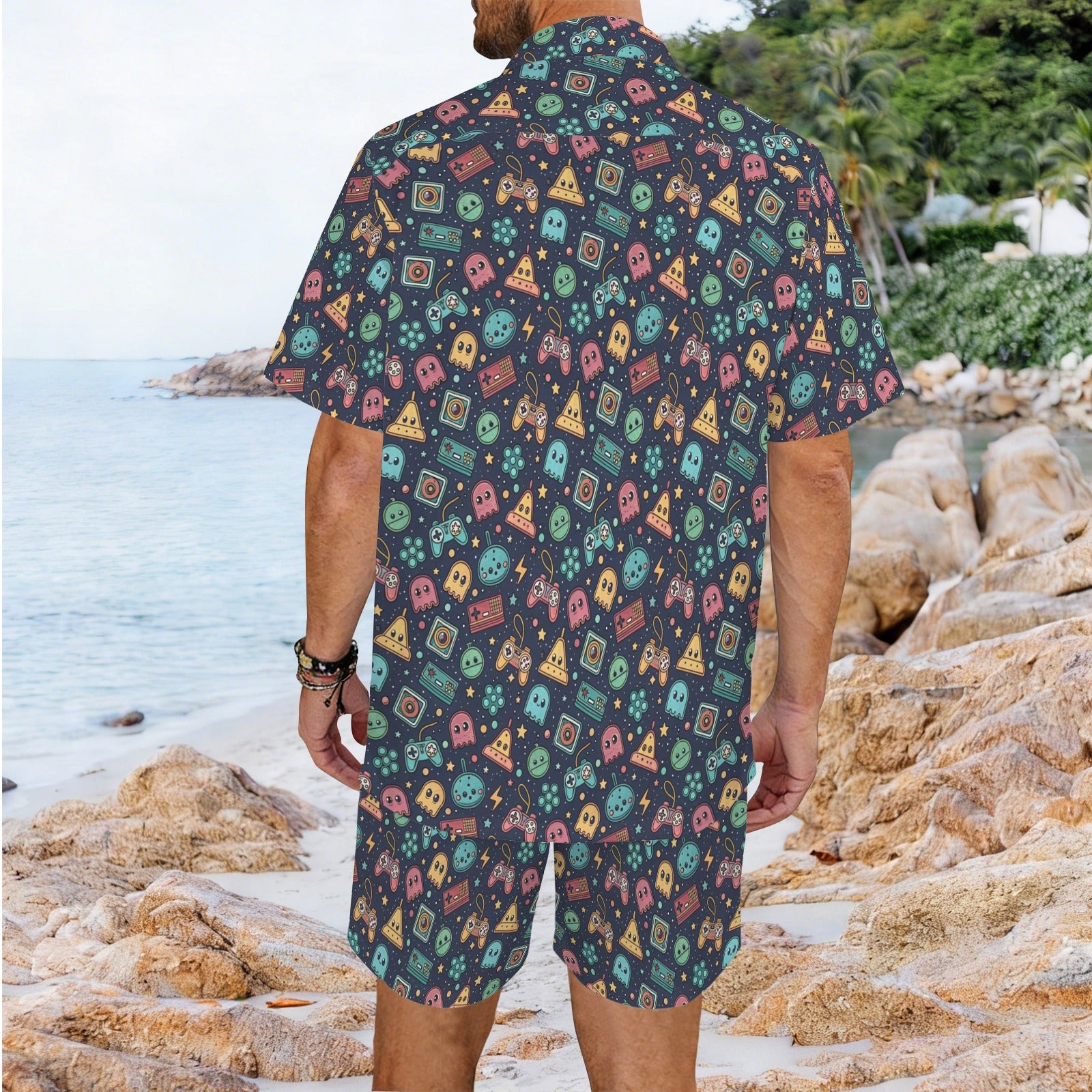 Video Game Men's Hawaiian Shirt & Shorts Set Men's Hawaiian Shirt & Shorts Set Games Printed Offshore Retro