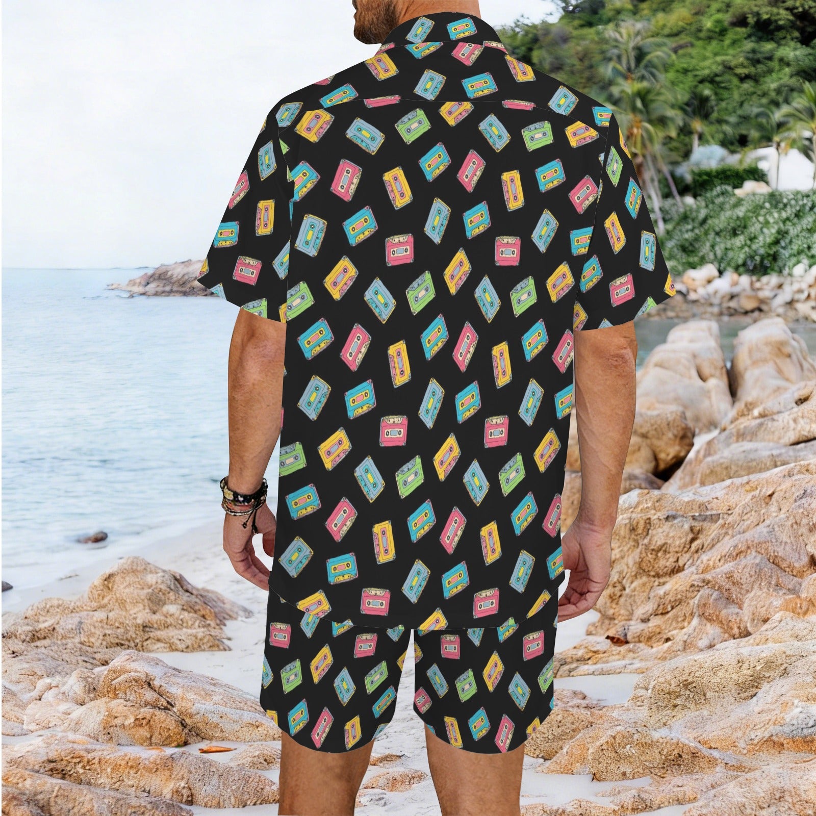 Colourful Cassettes Men's Hawaiian Shirt & Shorts Set Men's Hawaiian Shirt & Shorts Set Music Printed Offshore