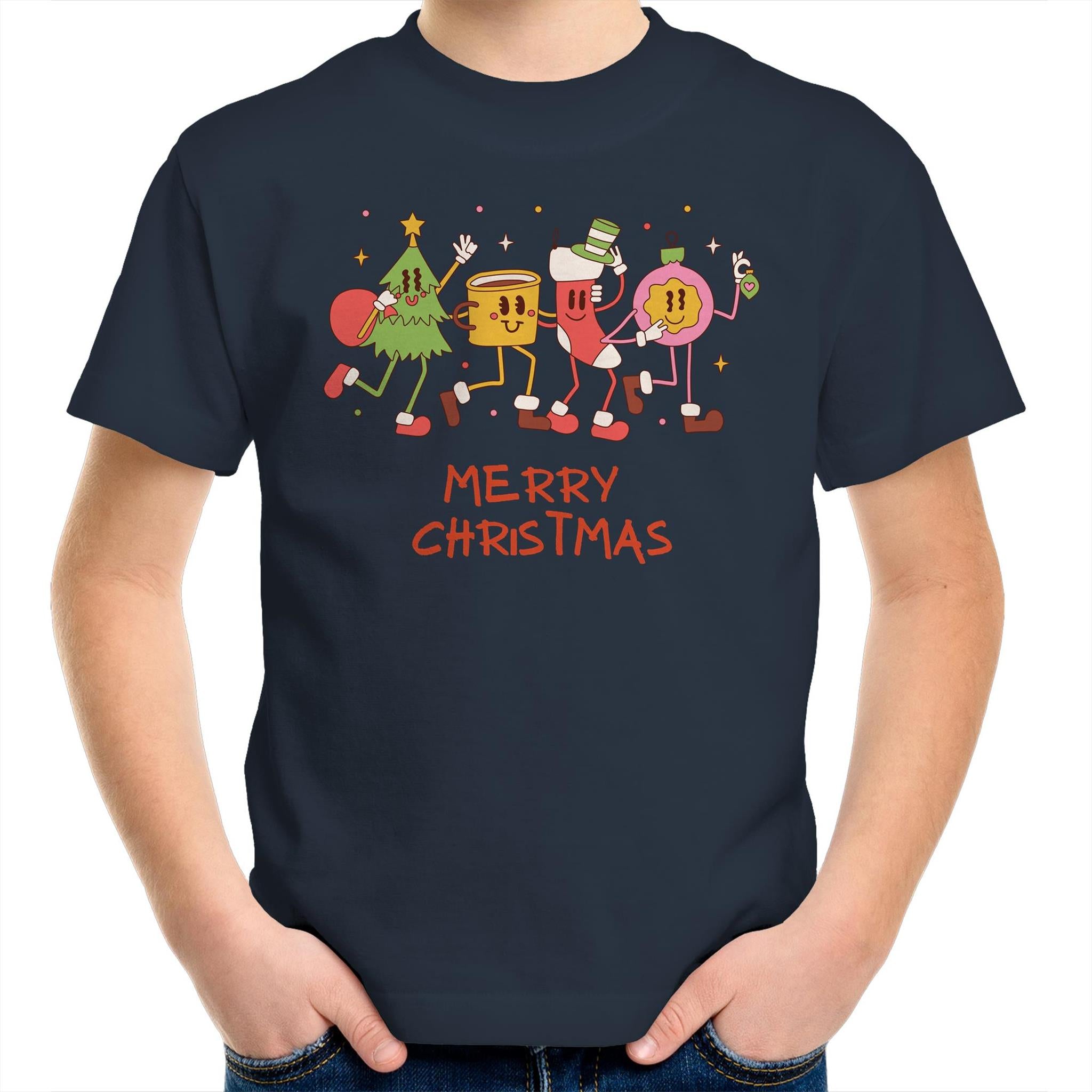 Crazy Christmas Characters - Kids Youth T-Shirt Navy Kids Christmas T-shirt Christmas Printed In Australia