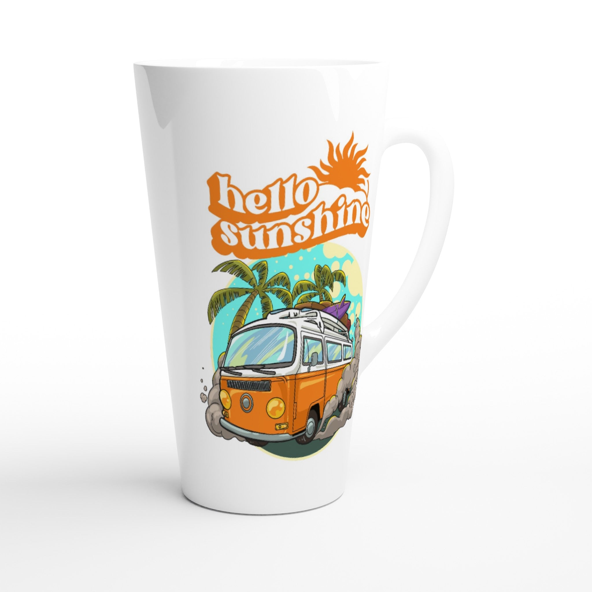 Hello Sunshine, Beach Van - White Latte 17oz Ceramic Mug Latte Mug Globally Fulfilled Summer Surf