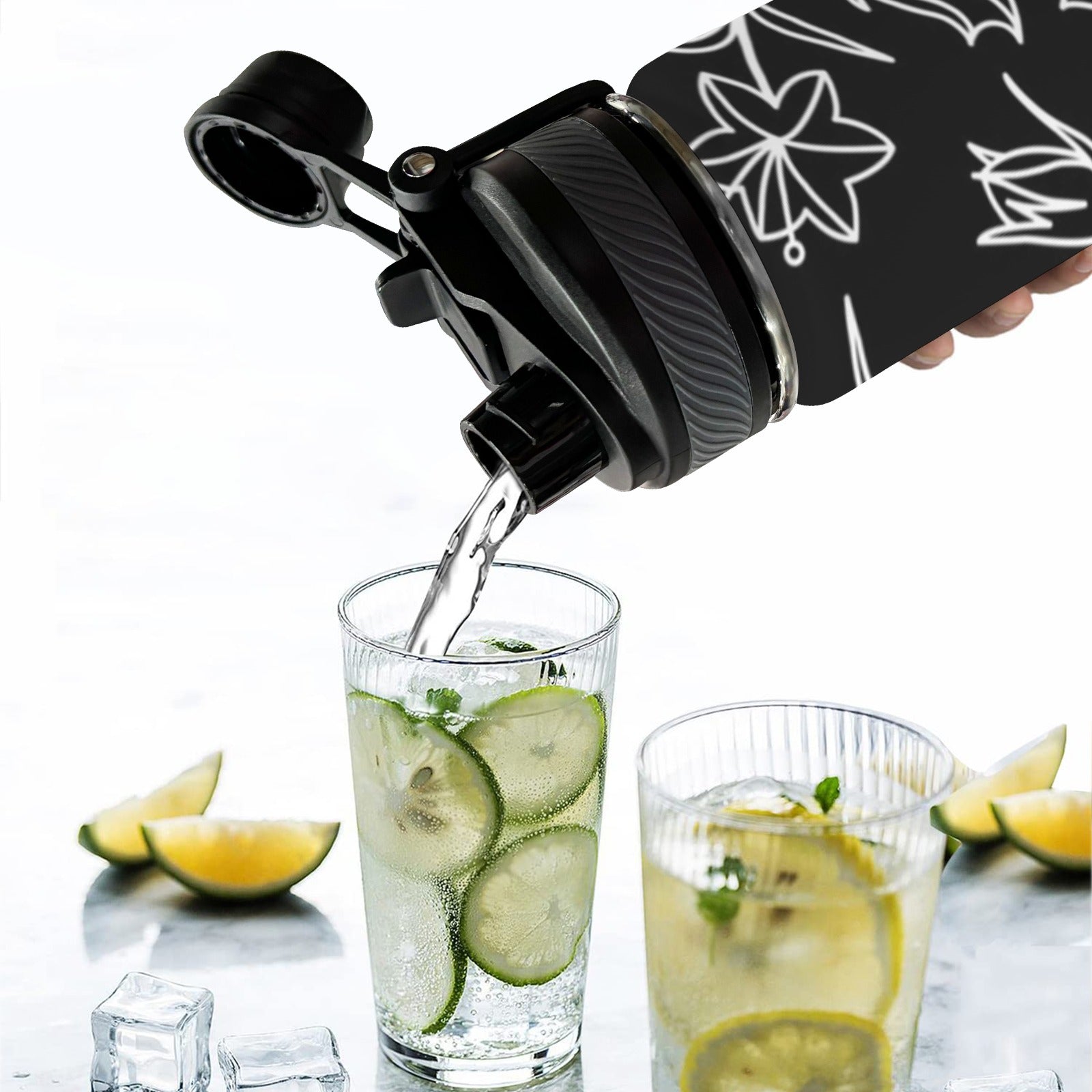 Black And White Floral - Insulated Water Bottle with Dual-Use Lid (18oz) Insulated Water Bottle with Dual-Use Lid (18oz) Plants Printed Offshore