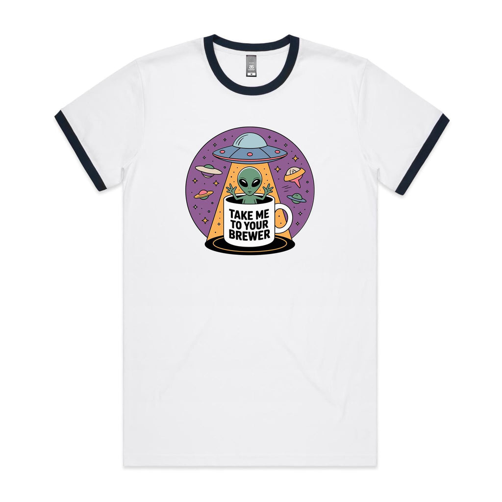 Coffee, Alien, UFO, Take Me To Your Brewer AS Colour Staple Ringer Tee White Navy Ringer T-Shirt Coffee Printed In Australia Sci Fi