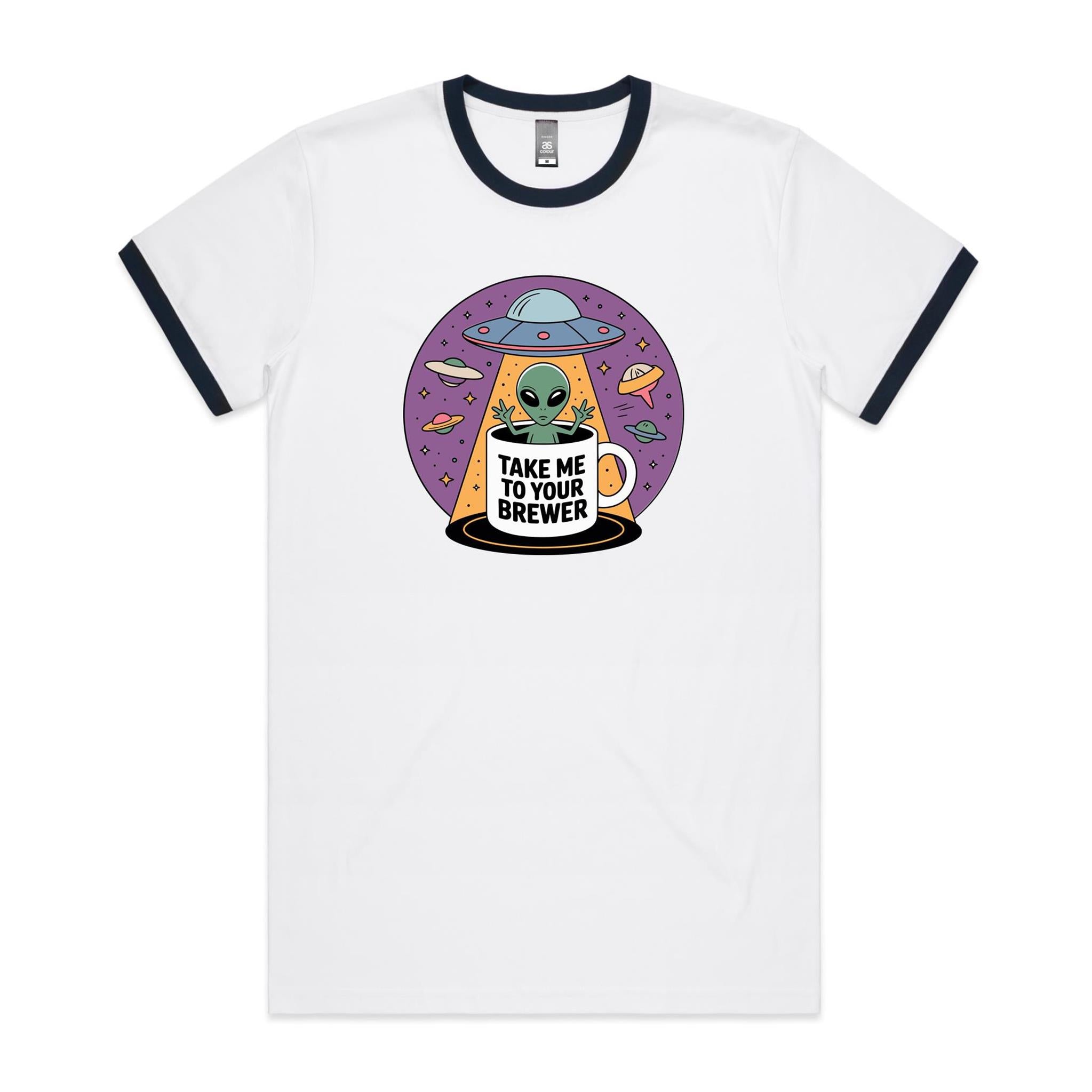 Coffee, Alien, UFO, Take Me To Your Brewer AS Colour Staple Ringer Tee White Navy Ringer T-Shirt Coffee Printed In Australia Sci Fi
