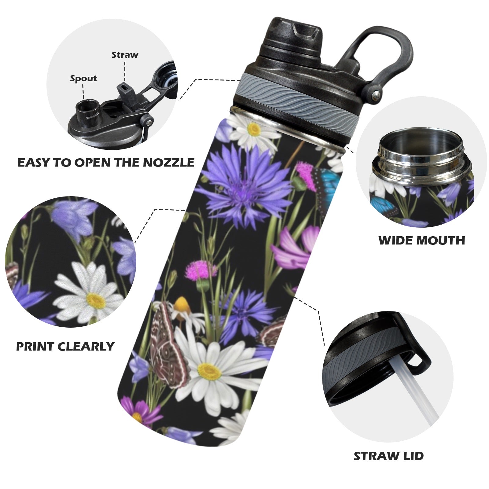Butterfly Flowers - Insulated Water Bottle with Dual-Use Lid (18oz) Insulated Water Bottle with Dual-Use Lid (18oz) Plants Printed Offshore
