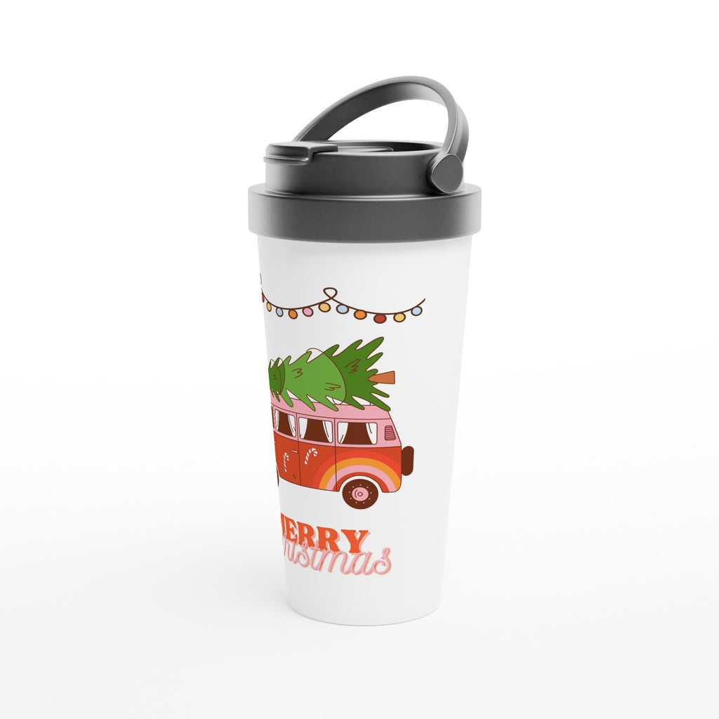 Christmas Tree On Peace Van - White 15oz Stainless Steel Travel Mug Christmas Travel Mug Christmas Globally Fulfilled