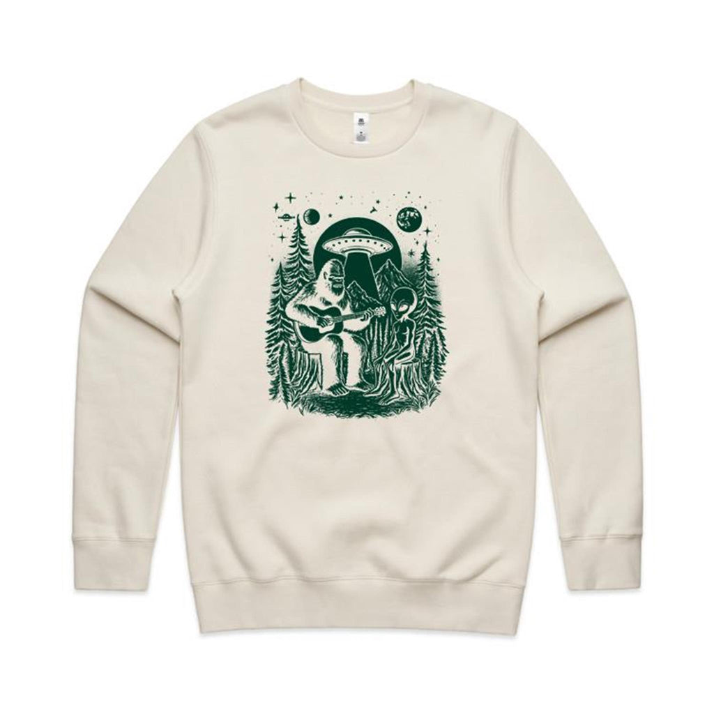 Alien And Bigfoot Playing Guitar - AS Colour Stencil Crew Sweatshirt Ecru Sweatshirt Music Printed In Australia Sci Fi