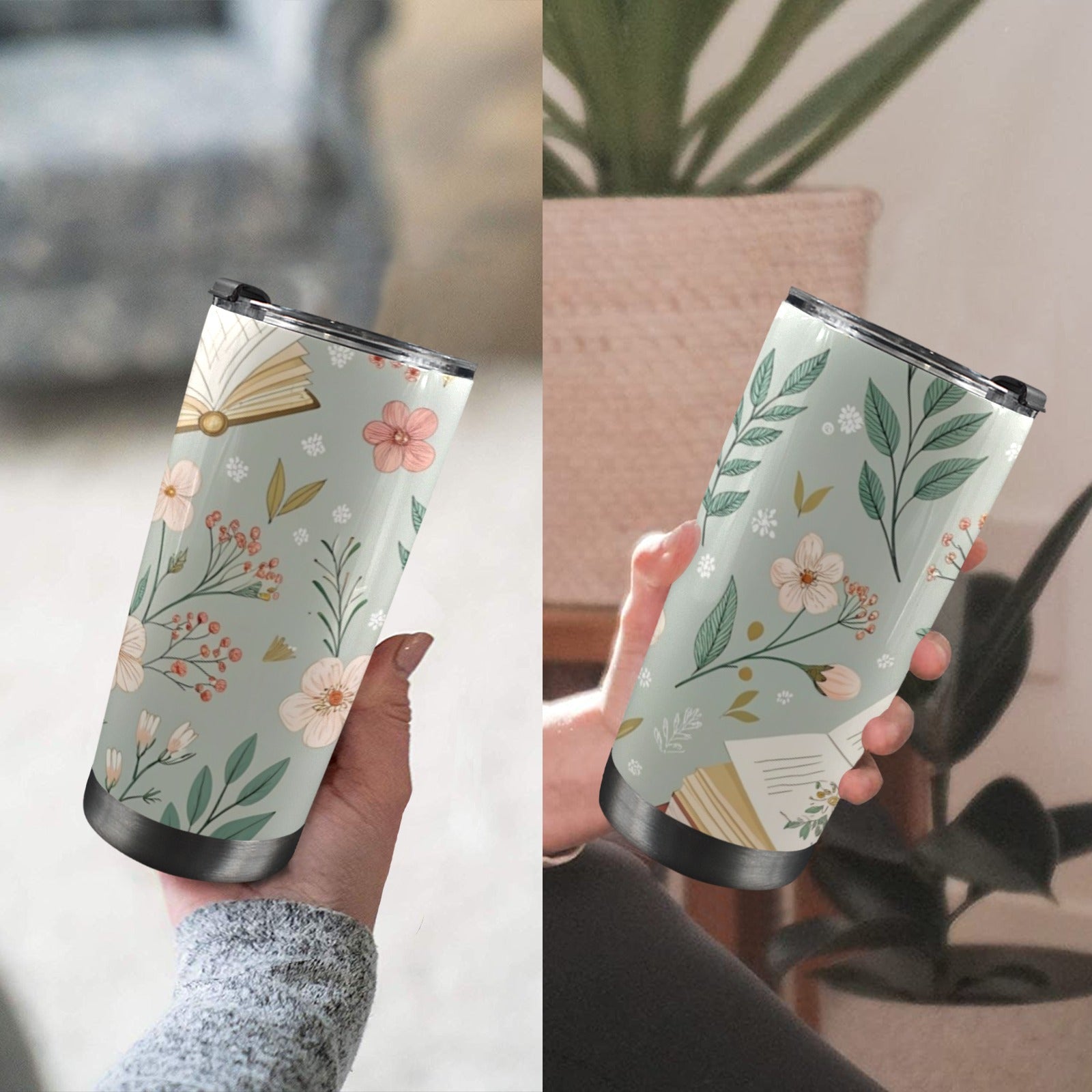 Books And Flowers In Green - 20oz Mobile Tumbler with Lid (Black Lock) 20oz Travel Mug Printed Offshore Reading