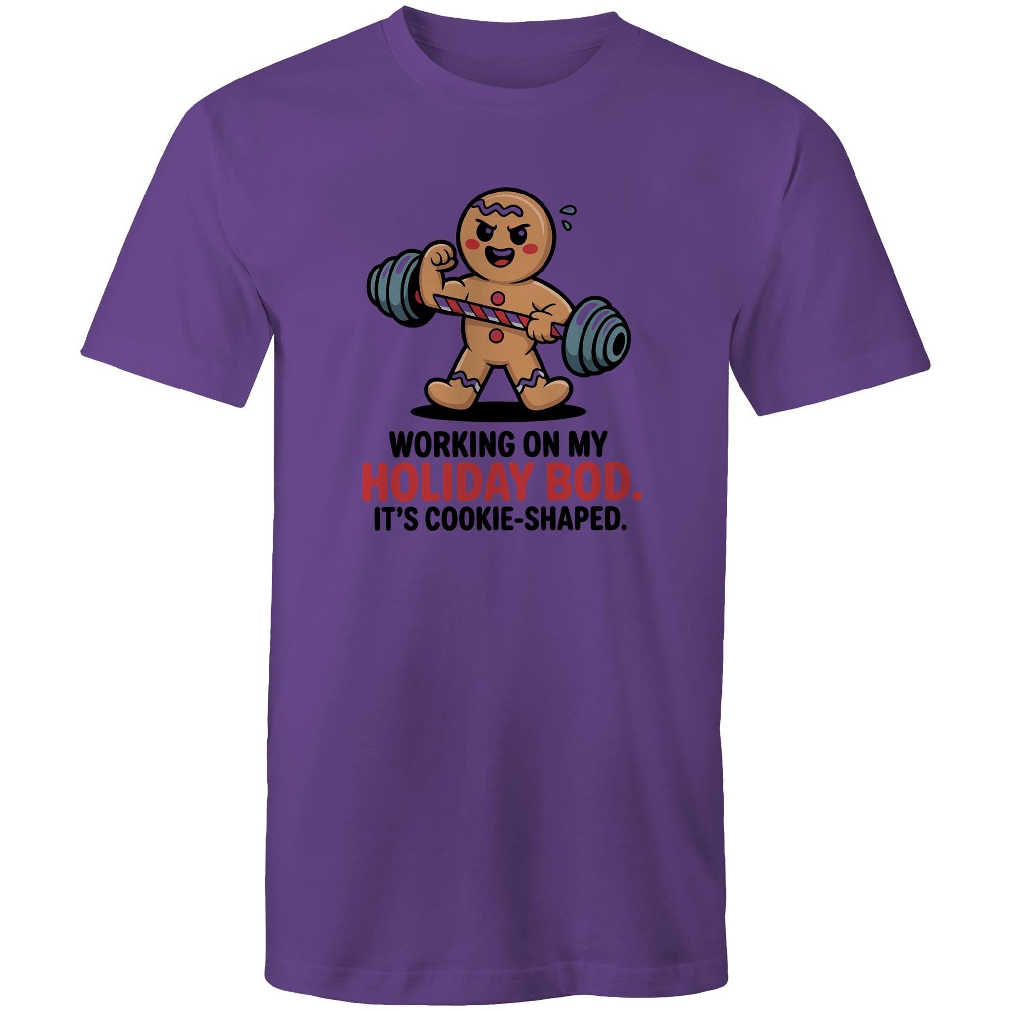 Working On My Holiday Bod, It's Cookie Shaped - Mens T-Shirt Purple Mens Christmas T-shirt Christmas Printed In Australia