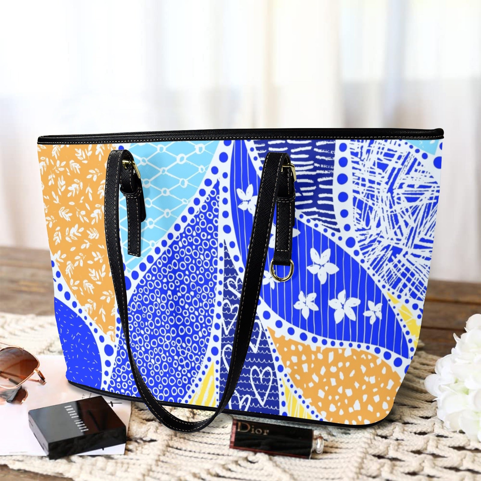 Blue Swirl - Leather Tote Bag-Large