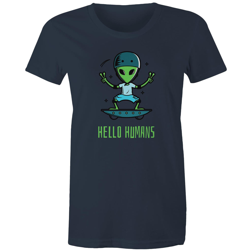 Hello Humans, Alien - Womens T-shirt Navy Womens T-shirt Printed In Australia Sci Fi