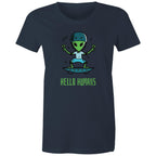 Hello Humans, Alien - Womens T-shirt Navy Womens T-shirt Printed In Australia Sci Fi