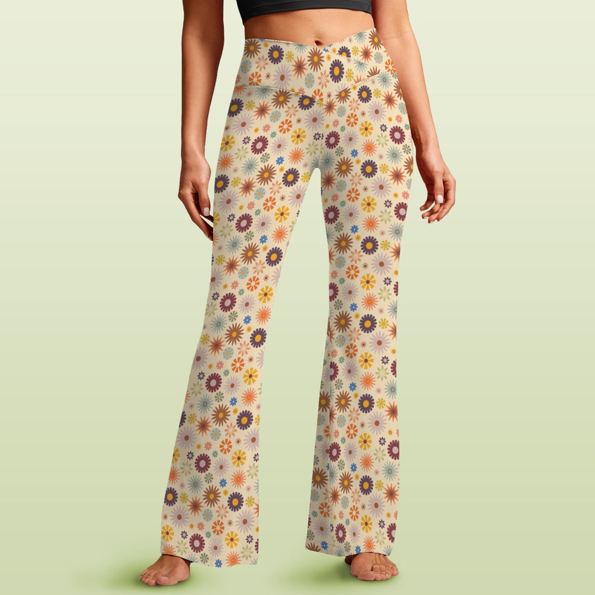 Abstract Floral High Waist Crossover Tummy Control Flare Leggings