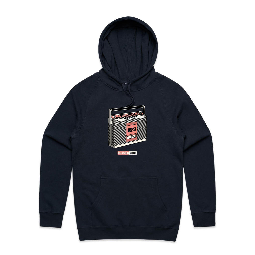 Classic Rock, Cassette Player - Mens Hoodie Navy Mens Hoodie Music Printed In Australia