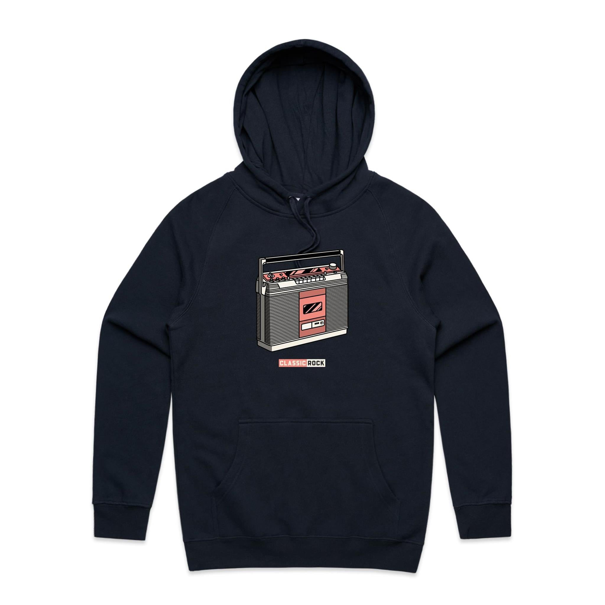 Classic Rock, Cassette Player - Mens Hoodie Navy Mens Hoodie Music Printed In Australia