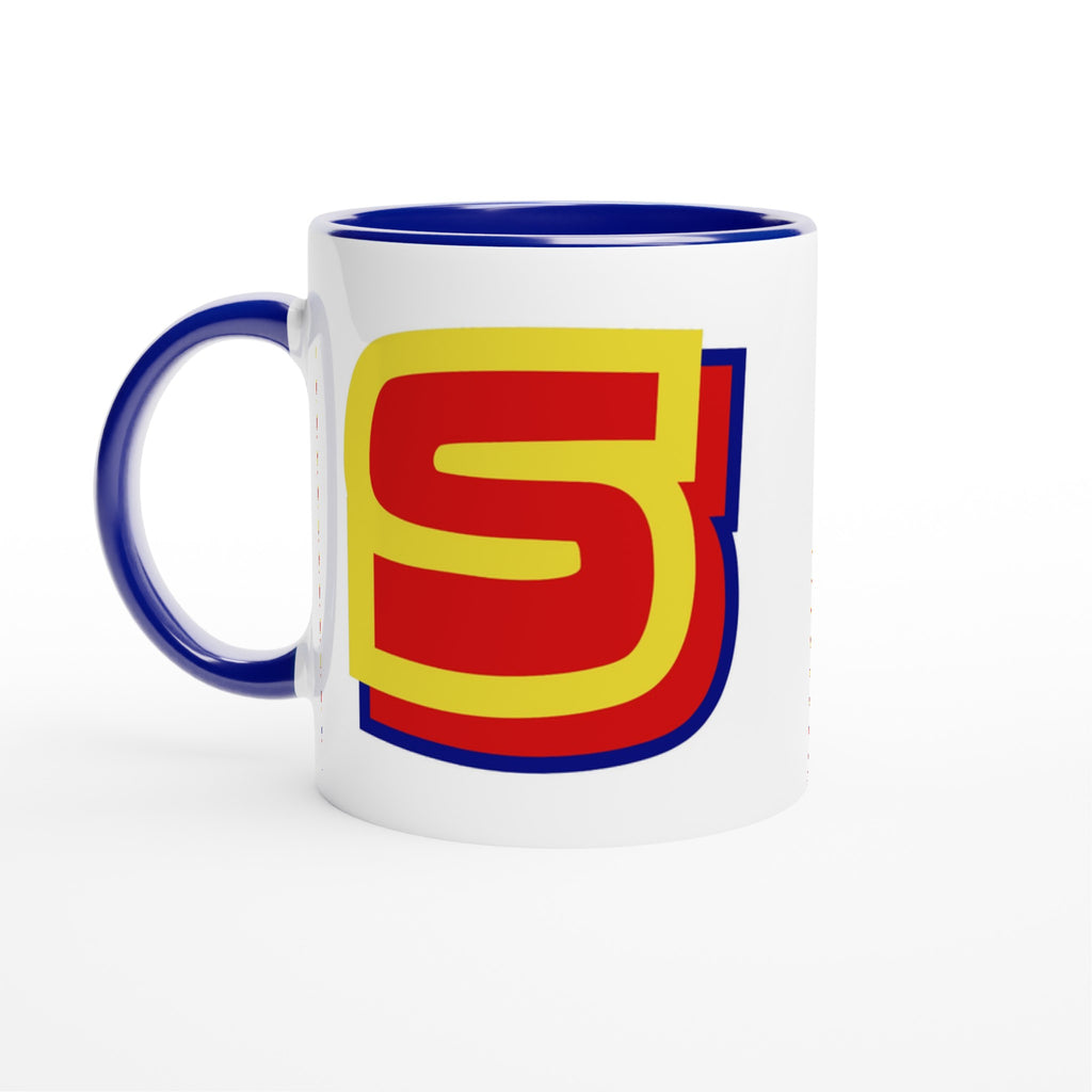Personalised - Superhero Initial - White 11oz Ceramic Mug with Color Inside Ceramic Blue Personalised 11oz Mug customise Globally Fulfilled Name personalise