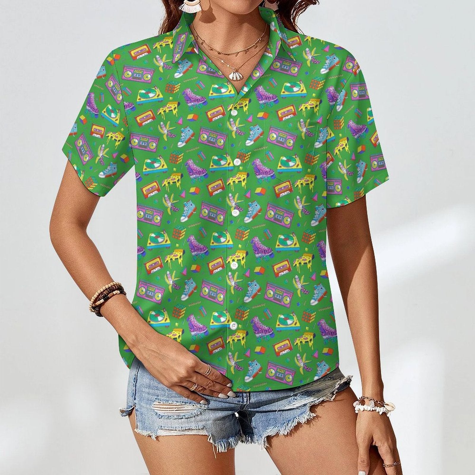 Bright 80's Women's Short-Sleeve Button Up Shirt Women's Short-Sleeve Button Up Shirt Printed Offshore Retro