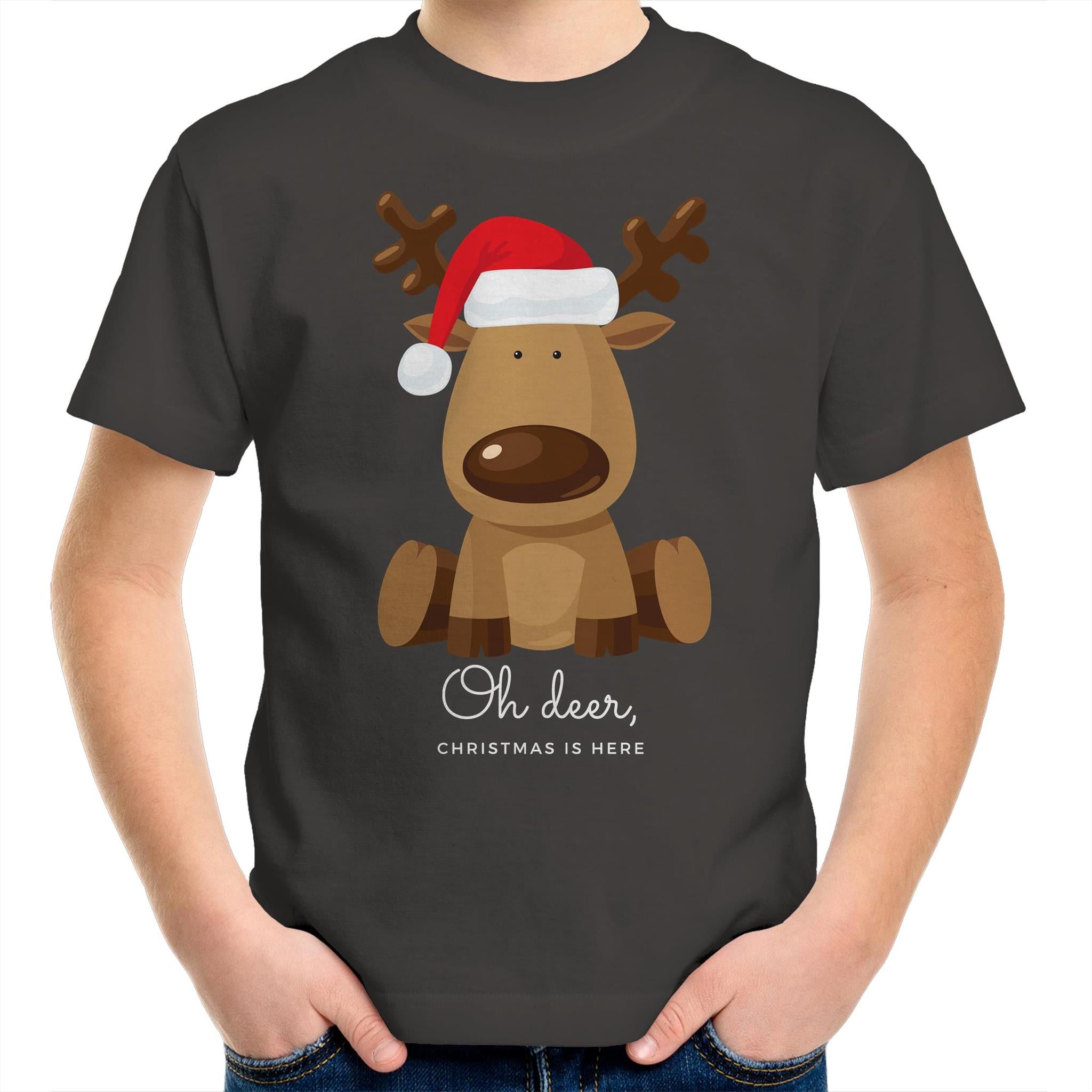Oh Deer Christmas Is Here, Reindeer - Kids Youth T-Shirt Charcoal Kids Christmas T-shirt Christmas Printed In Australia