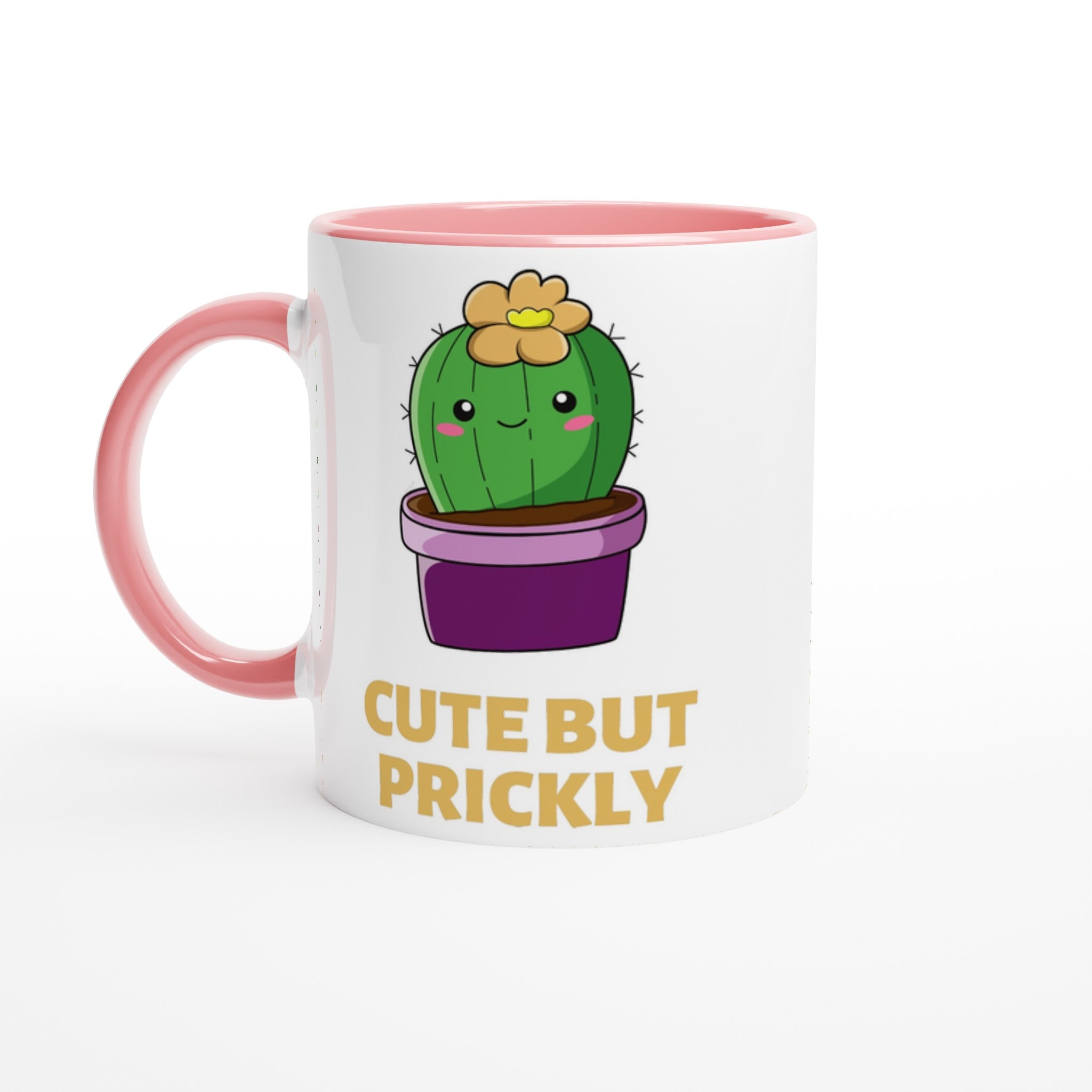 Cactus, Cute But Prickly - White 11oz Ceramic Mug with Colour Inside Ceramic Pink Colour 11oz Mug Globally Fulfilled Plants