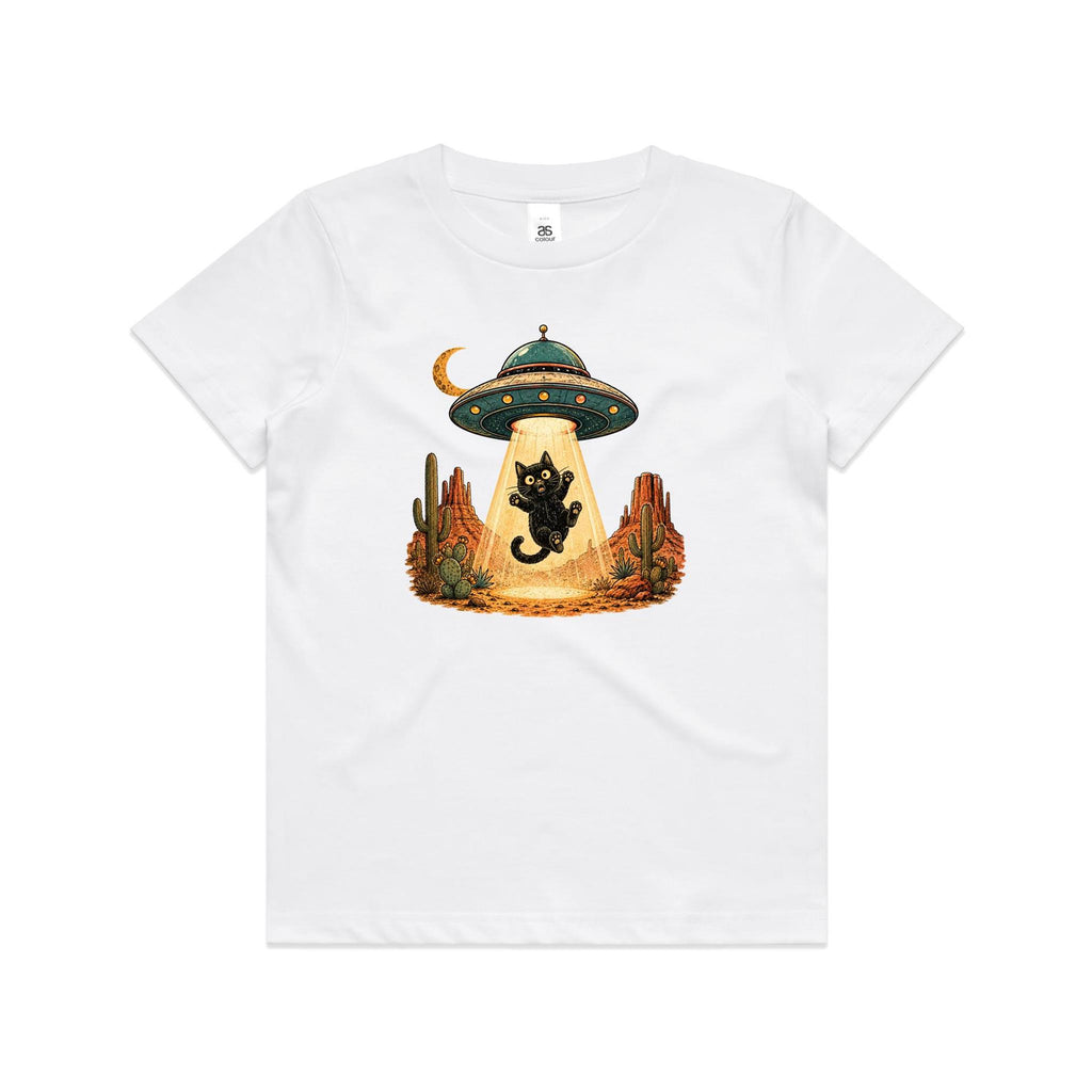 Black Cat Alien UFO Abduction Kids AS Colour T-shirt