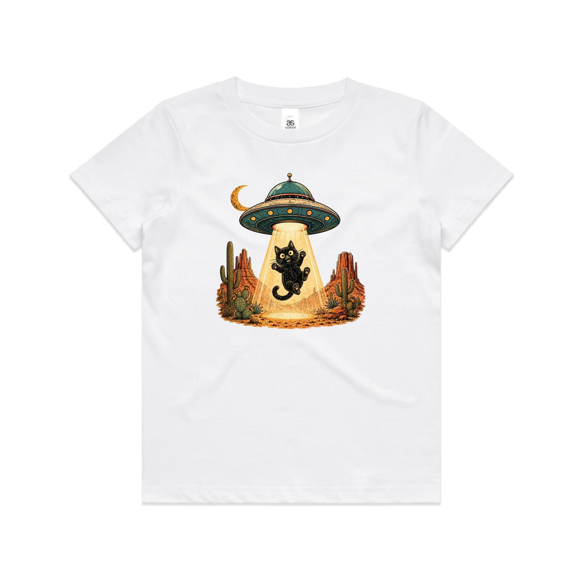 Black Cat Alien UFO Abduction Kids AS Colour T-shirt