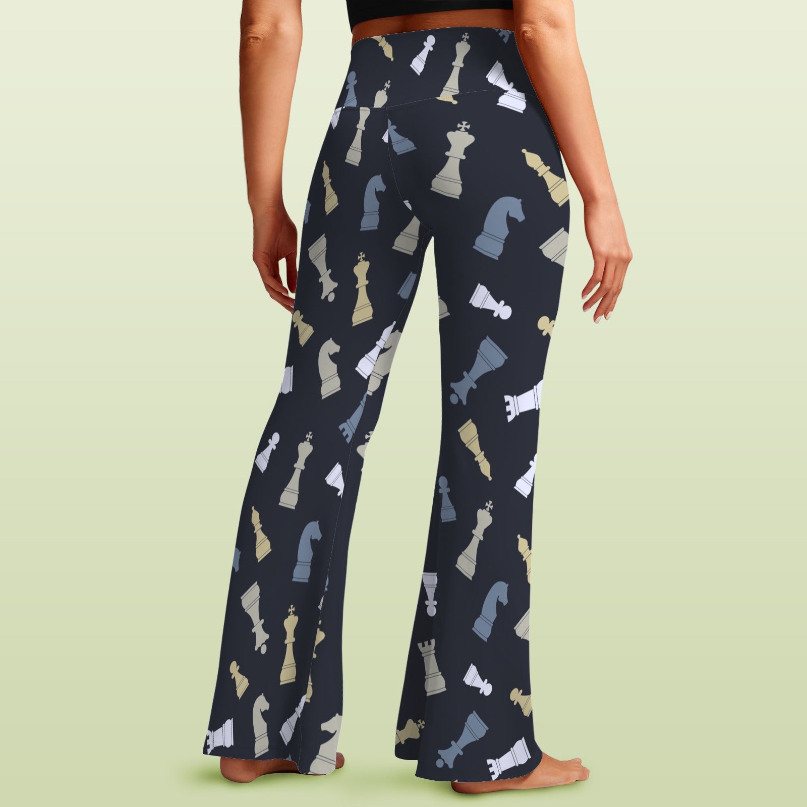 Chess Pattern - High Waist Crossover Tummy Control Flare Leggings High Waist Flare Leggings Chess Games Printed Offshore