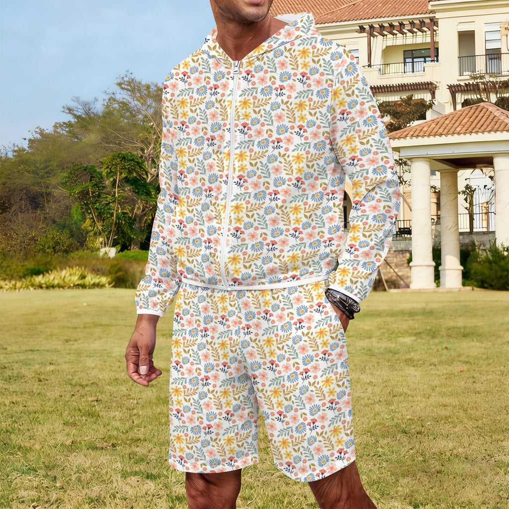 Boho Flowers And Leaves Men's Lightweight Sun Hoodie & Shorts Set Men's Lightweight Sun Hoodie & Shorts Plants Printed Offshore