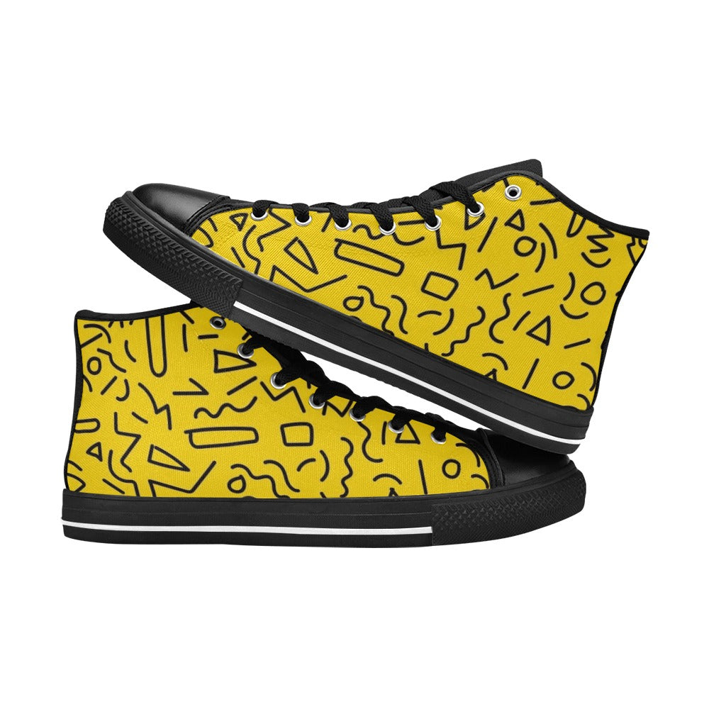 Black Squiggle On Yellow Women's High Top Canvas Shoes Womens Classic High Top Shoes Printed Offshore Retro