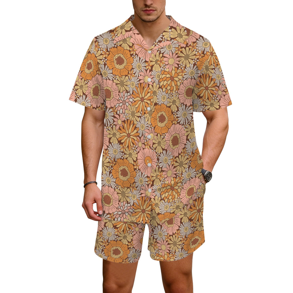 Orange Retro Floral Men's Hawaiian Shirt & Shorts Set