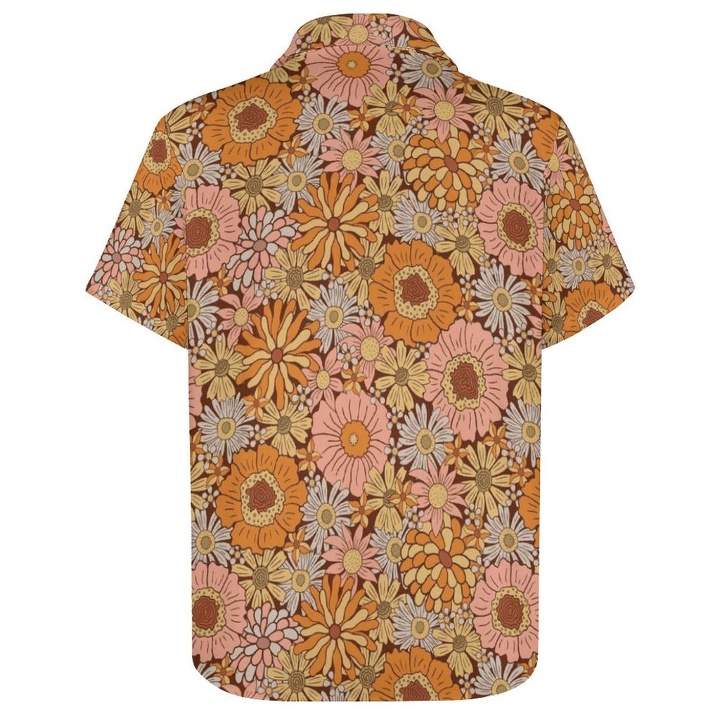 Orange Retro Floral Women's Short-Sleeve Button Up Shirt