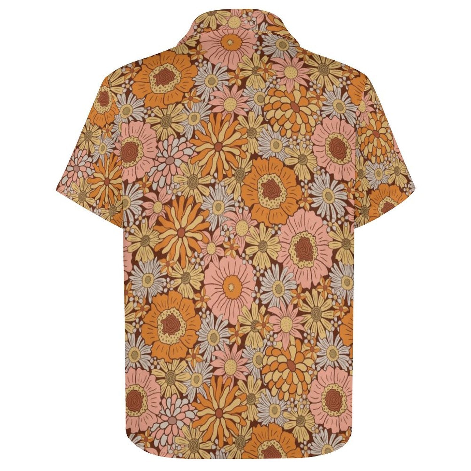 Orange Retro Floral Women's Short-Sleeve Button Up Shirt