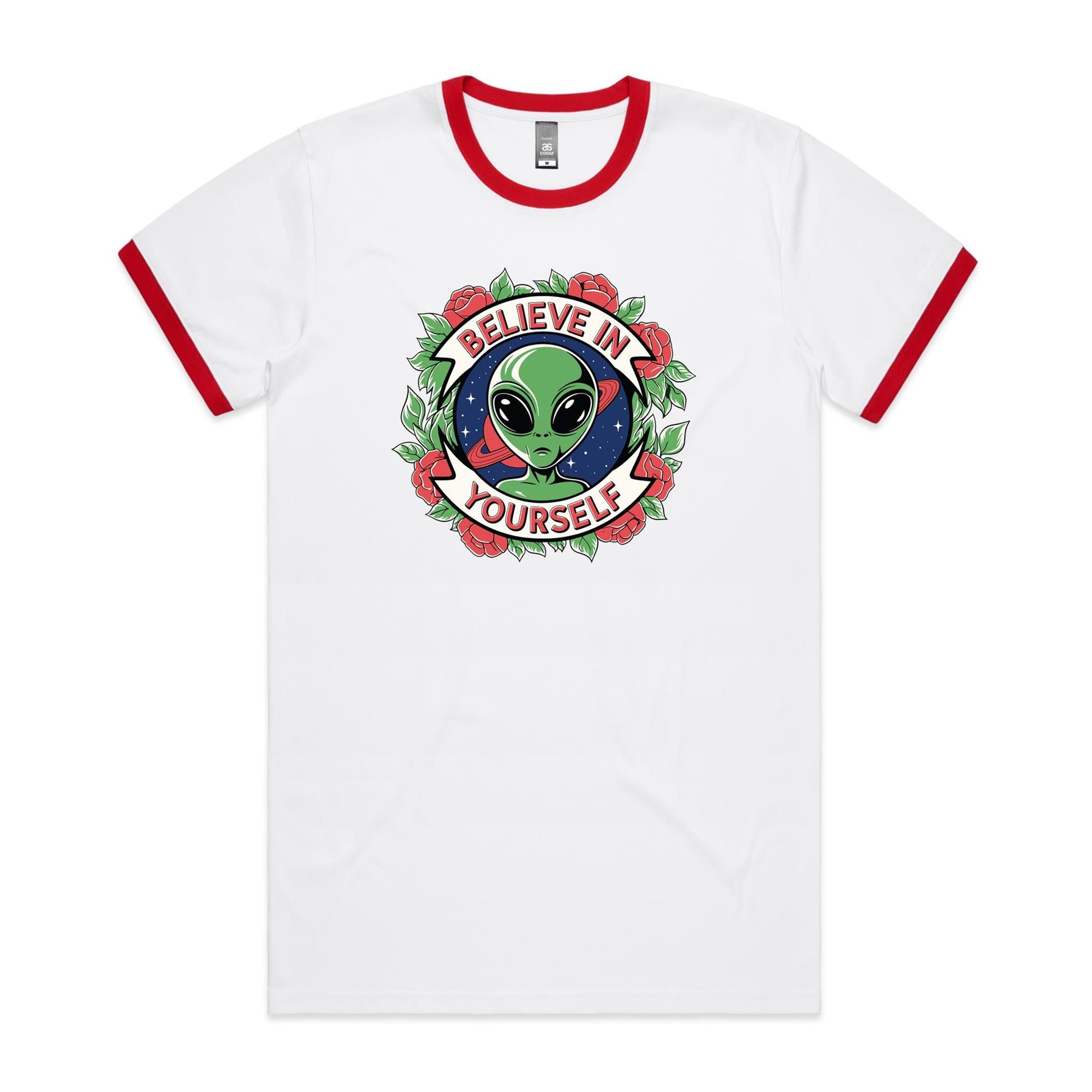 Believe In Yourself, Alien - Staple Ringer Tee White Red Ringer T-Shirt Motivation Positivity Printed In Australia Sci Fi