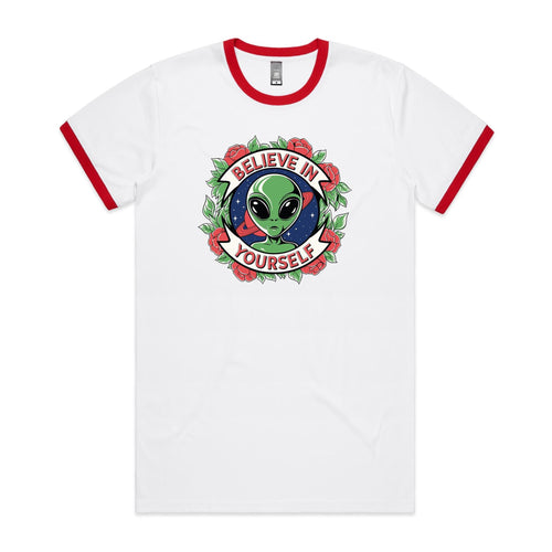 Believe In Yourself, Alien - Staple Ringer Tee White Red Ringer T-Shirt Motivation Positivity Printed In Australia Sci Fi