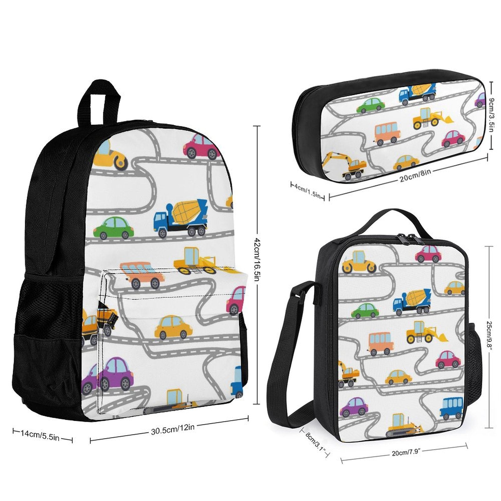 On The Road, Cars And Trucks - Three Piece Backpack Set