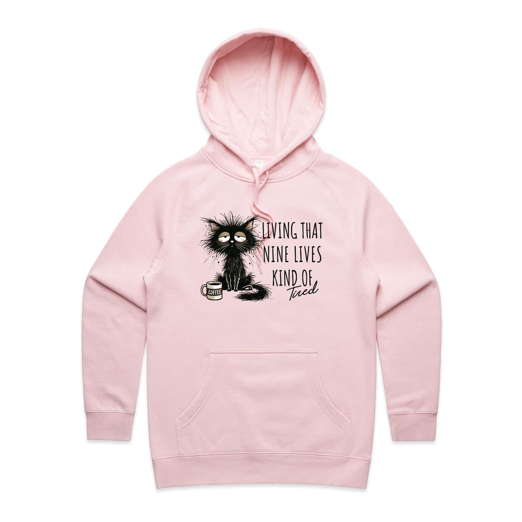 Living That Nine Lives Kind Of Tired, Frazzled Cat - Womens Hoodie Pink Womens Hoodie animal Coffee Printed In Australia