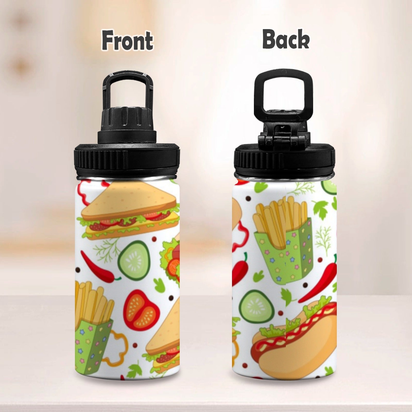 Snack Time Kids Water Bottle with Chug Lid (12 oz) Kids Water Bottle with Chug Lid Food Printed Offshore