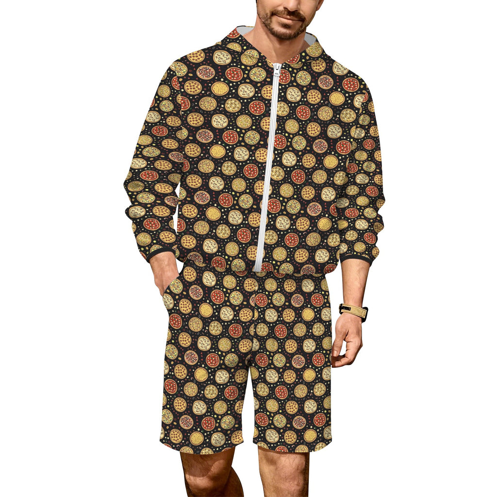 Round Pizzas On Black Men's Lightweight Sun Hoodie & Shorts Set 4XL Men's Lightweight Sun Hoodie & Shorts Food Printed Offshore