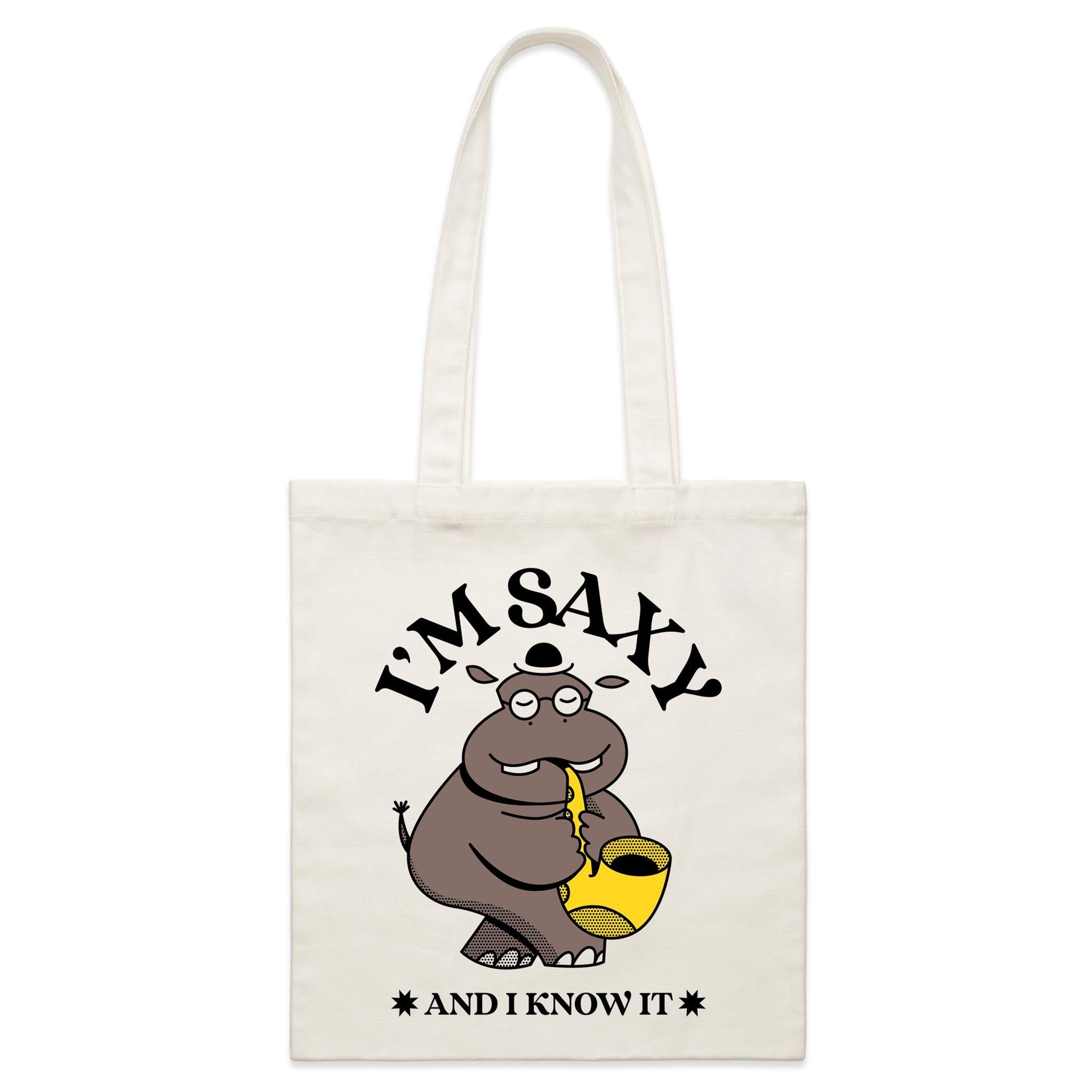 I'm Saxy And I Know It, Saxophone Hippo - Parcel Canvas Tote Bag Default Title Small Tote Bag animal Music Printed In Australia