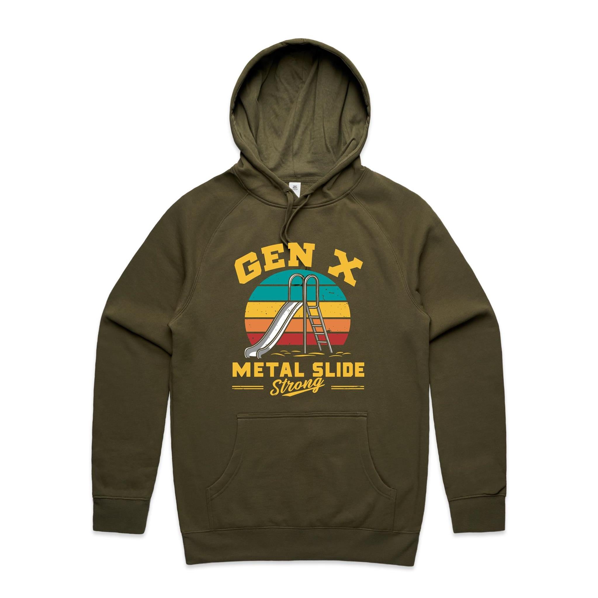 Gen X, Metal Slide Strong - Mens Hoodie Army Mens Hoodie Printed In Australia