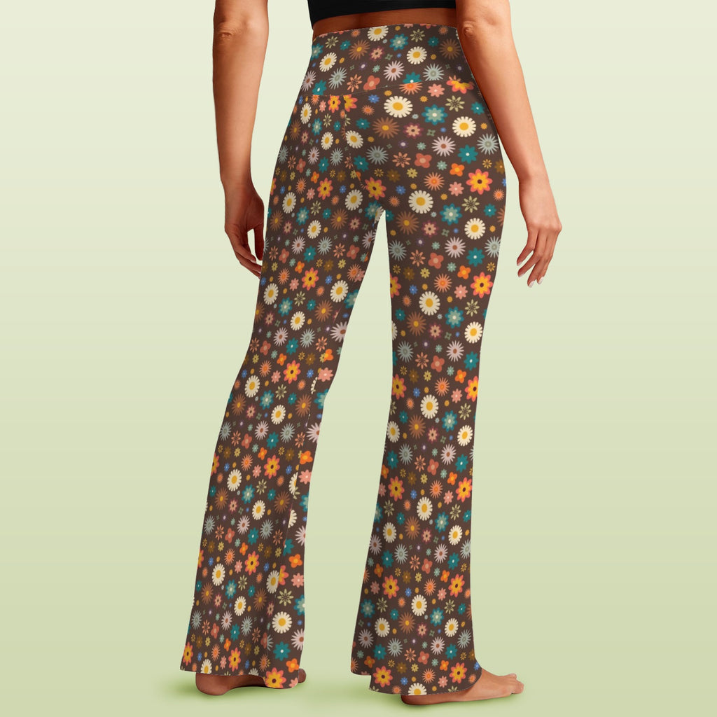 Abstract Floral On Brown High Waist Crossover Tummy Control Flare Leggings