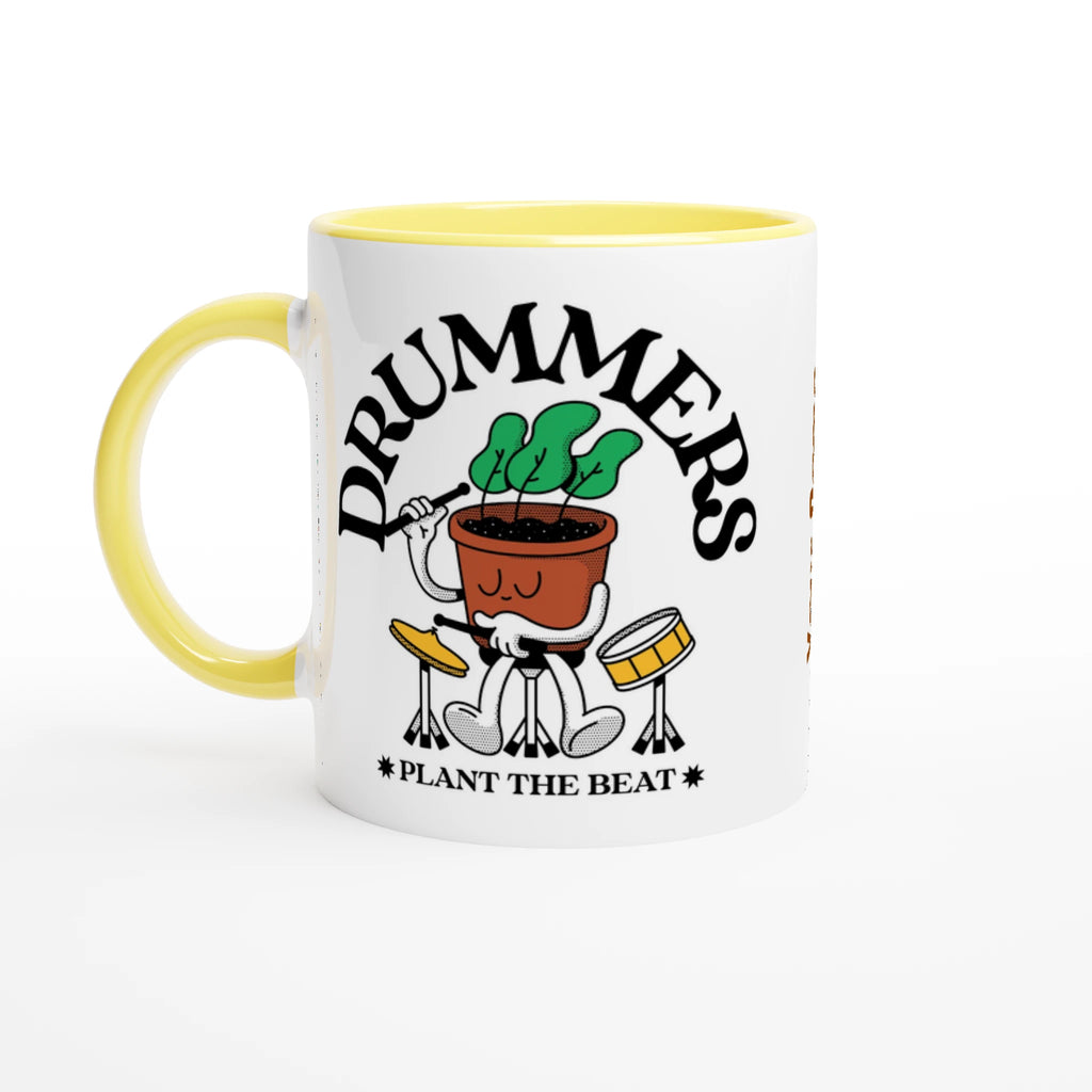 Personalised - Drummers - White 11oz Ceramic Mug with Colour Inside Ceramic Yellow Personalised 11oz Mug customise Globally Fulfilled Music personalise Plants