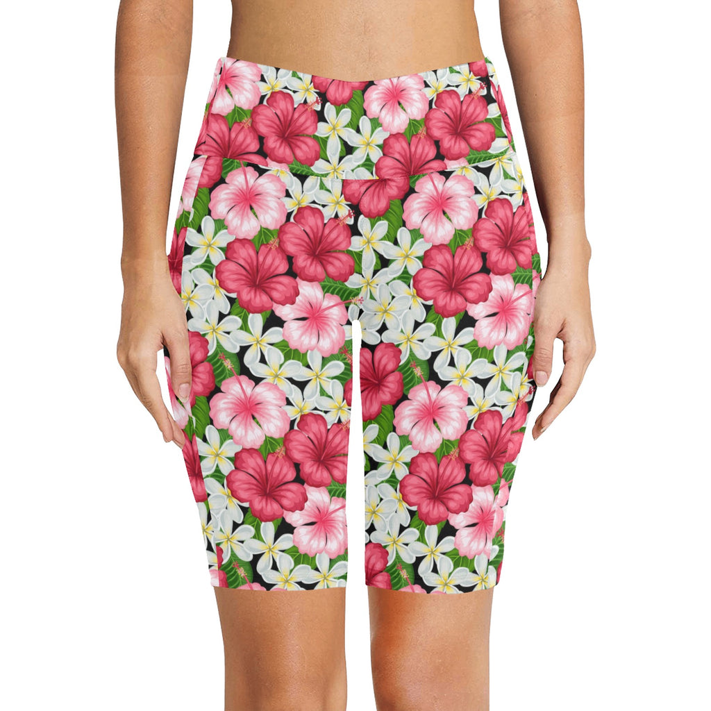 Hibiscus Women's Bike Shorts With Side Pockets Women's Bike Shorts Plants Printed Offshore