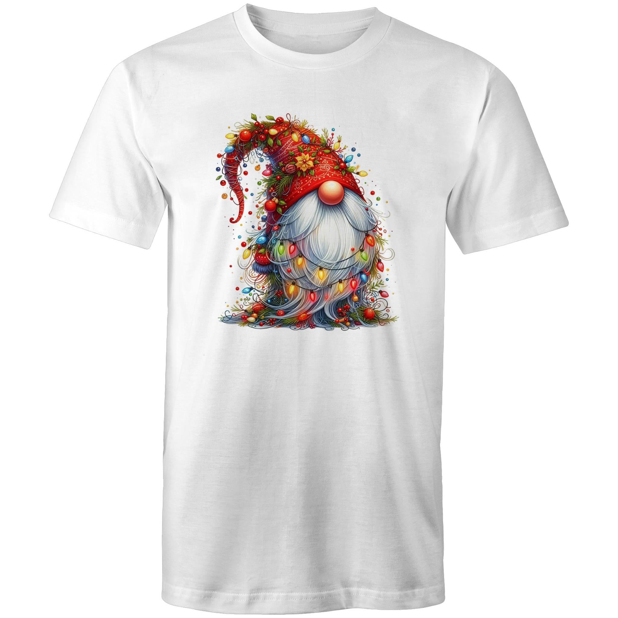 Christmas Gnome Wrapped In Lights - Mens T-Shirt White Mens Christmas T-shirt Christmas Printed In Australia