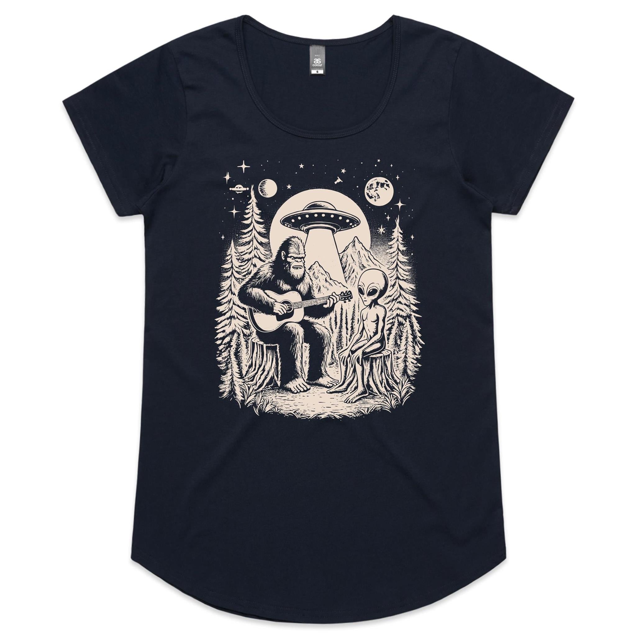 Alien And Bigfoot Playing Guitar - Womens Scoop Neck T-Shirt Navy Womens Scoop Neck T-shirt Music Printed In Australia Sci Fi
