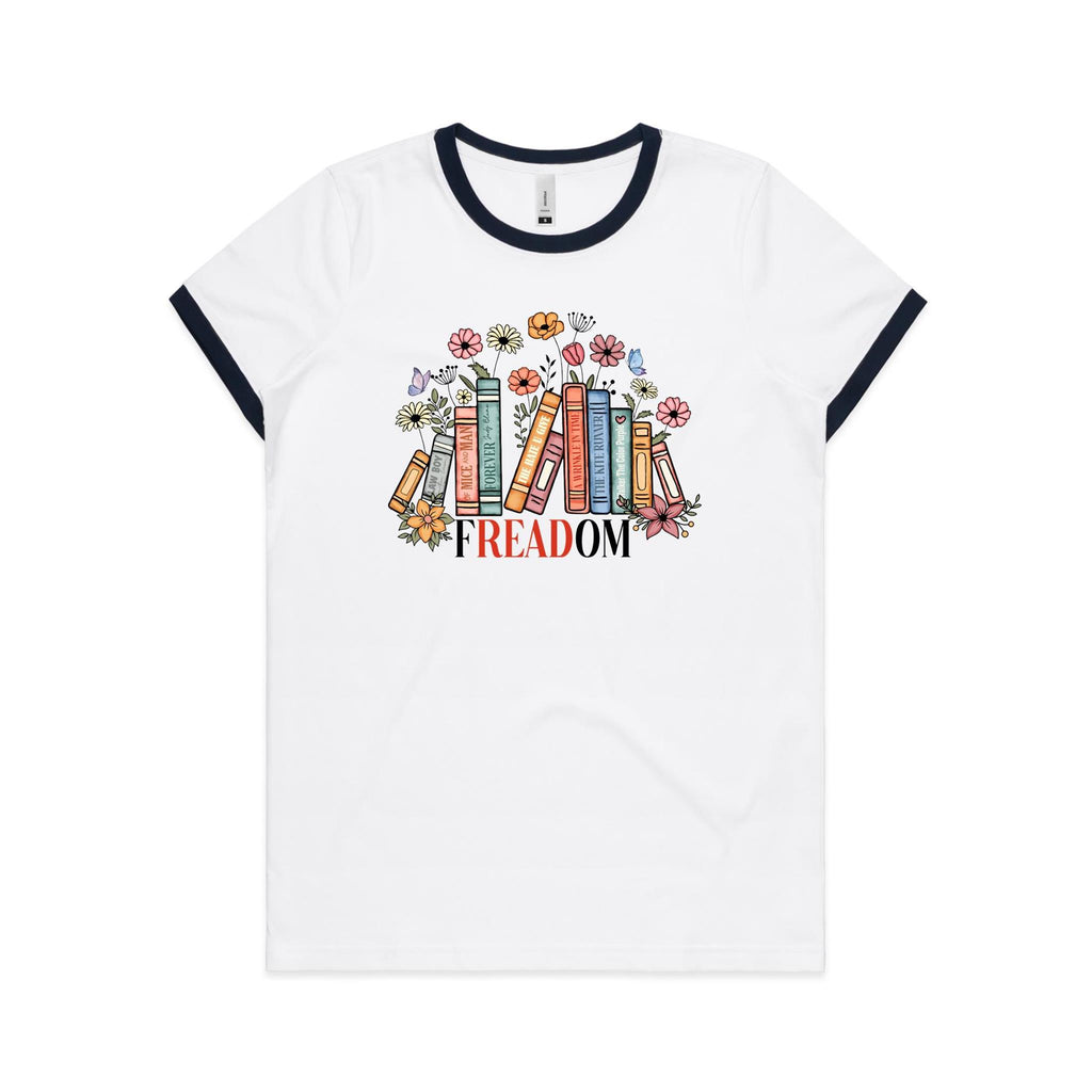 Freedom, Reading Books - Women's Ringer Tee White Navy Womens Ringer T-shirt Printed In Australia Reading