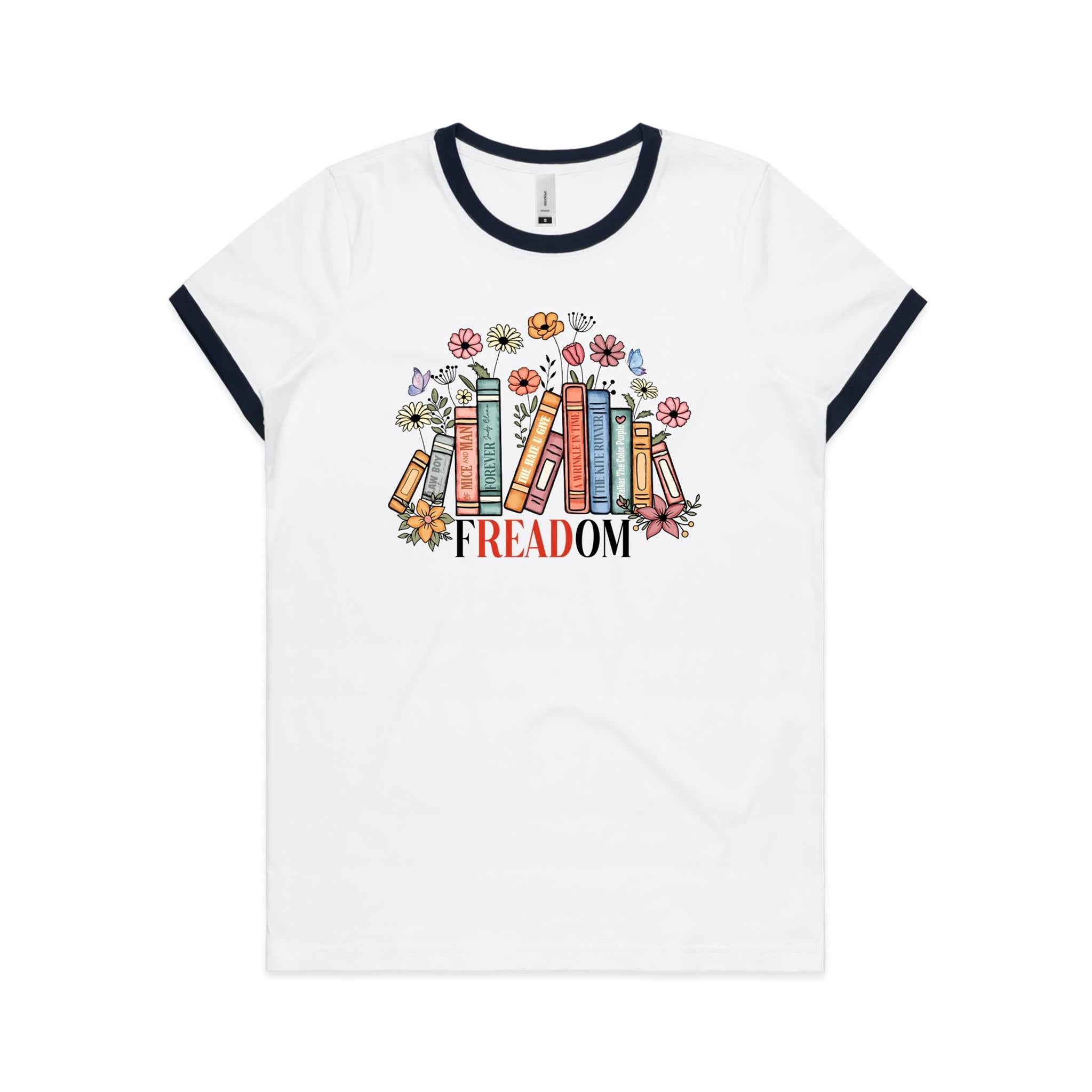 Freedom, Reading Books - Women's Ringer Tee White Navy Womens Ringer T-shirt Printed In Australia Reading